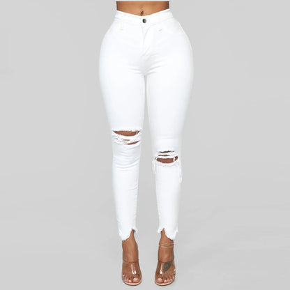 Women Denim Regular Pants Slim Plus Size Ripped Hole Solid Color Long