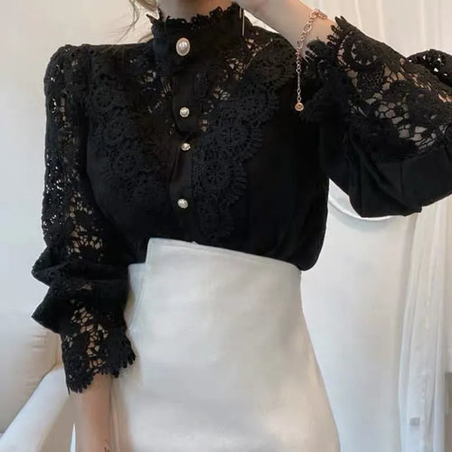 Elegant Embroidery Lace Women Blouse Flower Petal Sleeve Hollow Out