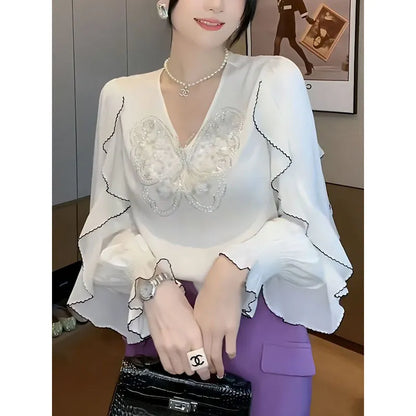 Elegant Spliced Ruffles Sequined Flare Sleeve Blouse Women's Clothing