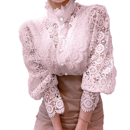 Elegant Embroidery Lace Women Blouse Flower Petal Sleeve Hollow Out