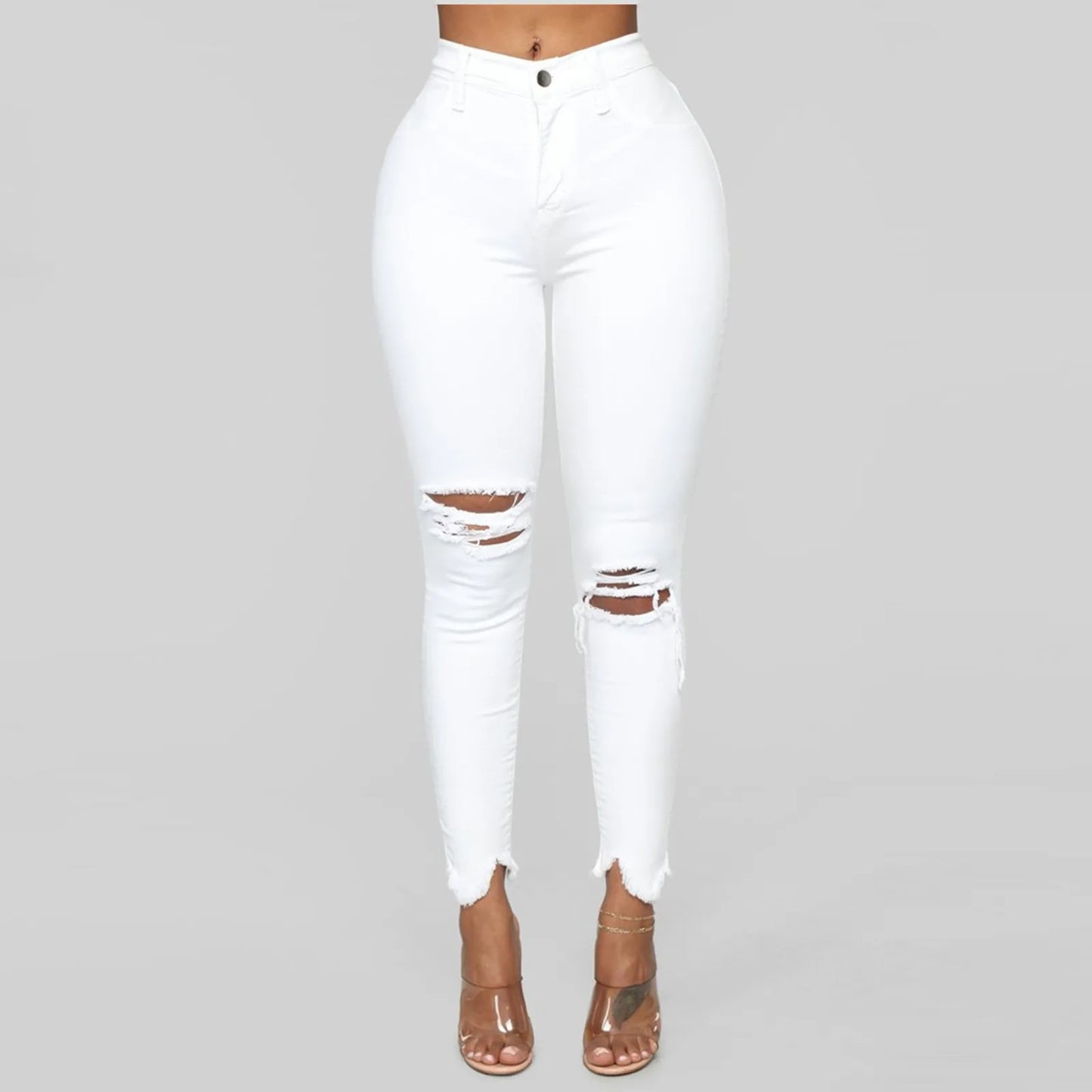 Women Denim Regular Pants Slim Plus Size Ripped Hole Solid Color Long