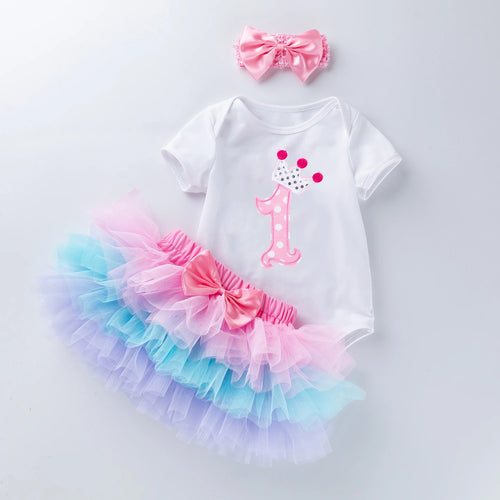 Tutu Baby Birthday Set Short Sleeve Romper Petti skirt Girls 3 Pcs