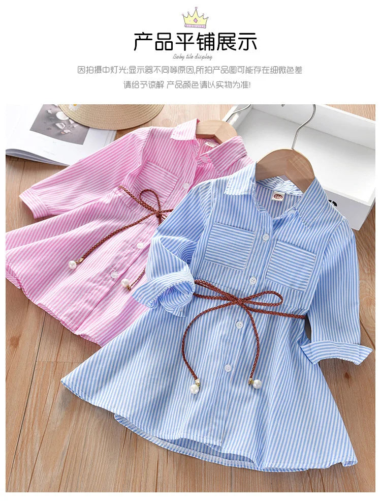 Kids Summer Single Breasted Shirt Dress Girls Casual Loose Pocket Striped Dress Fashion Chic Long Dresses Elegant Loose Belted