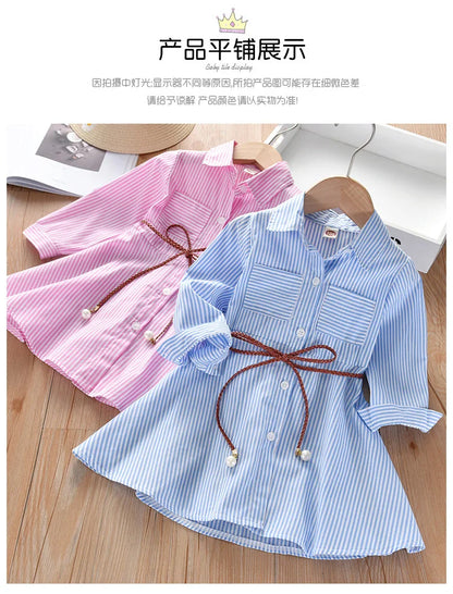 Kids Summer Single Breasted Shirt Dress Girls Casual Loose Pocket Striped Dress Fashion Chic Long Dresses Elegant Loose Belted