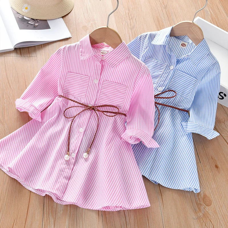 Kids Summer Single Breasted Shirt Dress Girls Casual Loose Pocket Striped Dress Fashion Chic Long Dresses Elegant Loose Belted