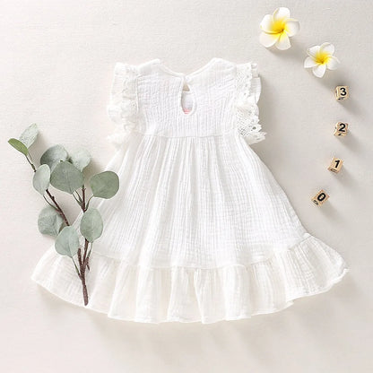 Infant Baby Girls Cotton Linen Dresses Pleated Short Sleeve Delicate