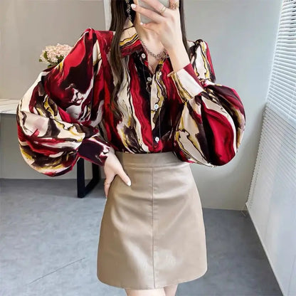 Elegant Printed Lapel Lantern Sleeve Shirt Women's Clothing