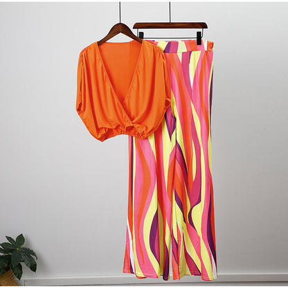 V-neck Bat Sleeve Top Printed Wide-leg Pants Suit