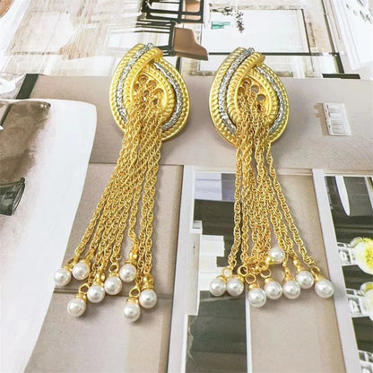 European American Style Long Tassels Pearl Pendant Earrings