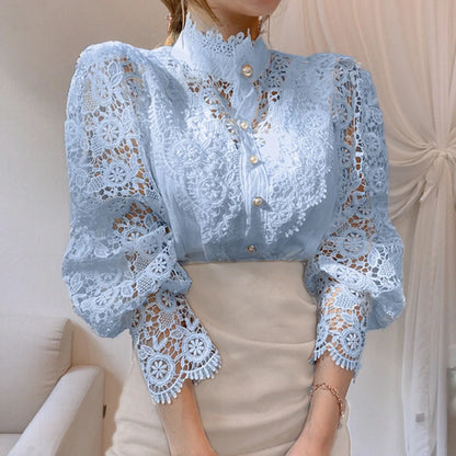 Elegant Embroidery Lace Women Blouse Flower Petal Sleeve Hollow Out