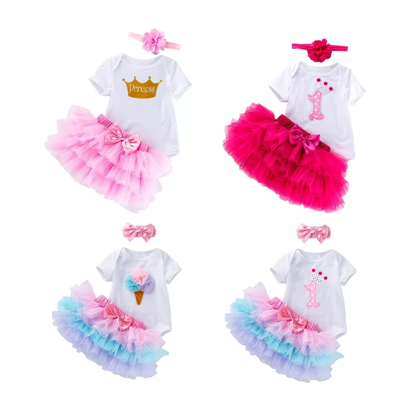 Tutu Baby Birthday Set Short Sleeve Romper Petti skirt Girls 3 Pcs