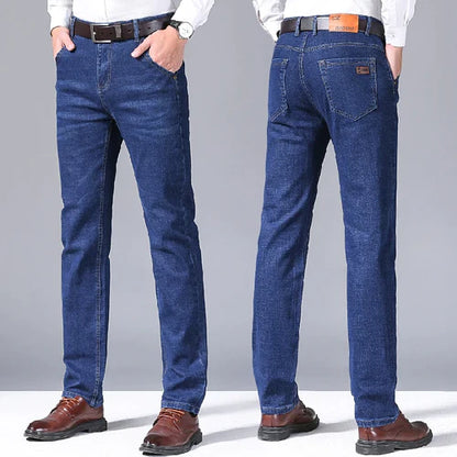 Men Denim Jeans Regular Fit Straight Stretch Business Casual Solid