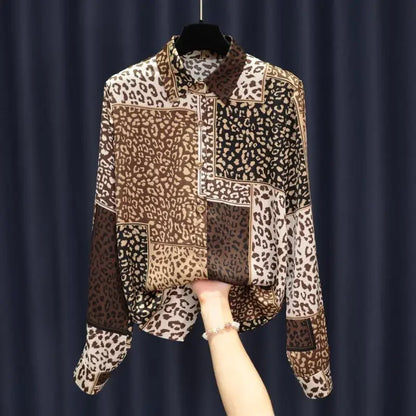 Spring New Leopard Patchwork Print Satin Shirt Women  Style