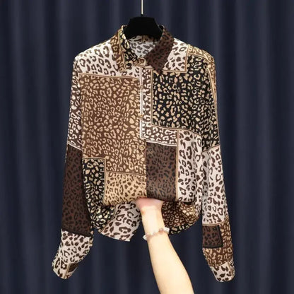 Spring New Leopard Patchwork Print Satin Shirt Women  Style