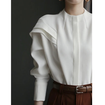 French Style Elegant Round Neck White Luxury Blouses  Spring