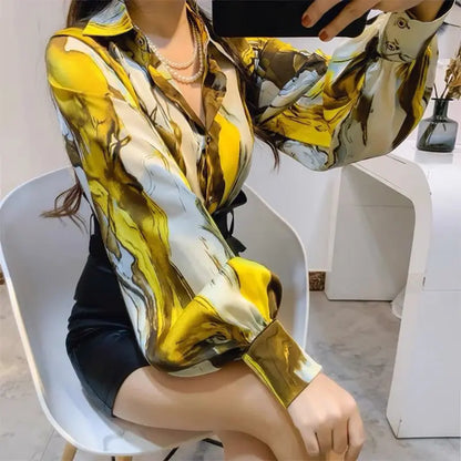 Elegant Printed Lapel Lantern Sleeve Shirt Women's Clothing