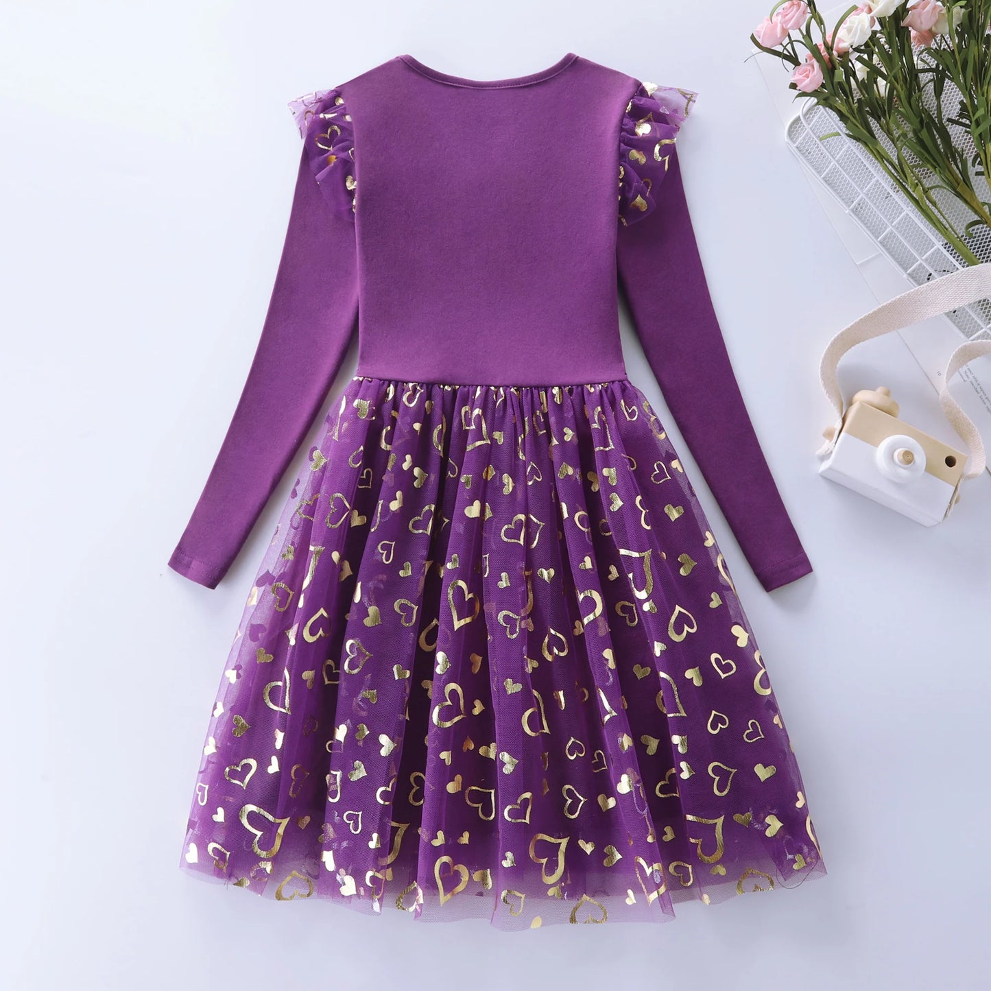 Girls' Autumn Long Sleeve Mesh Cartoon Unicorn Dress