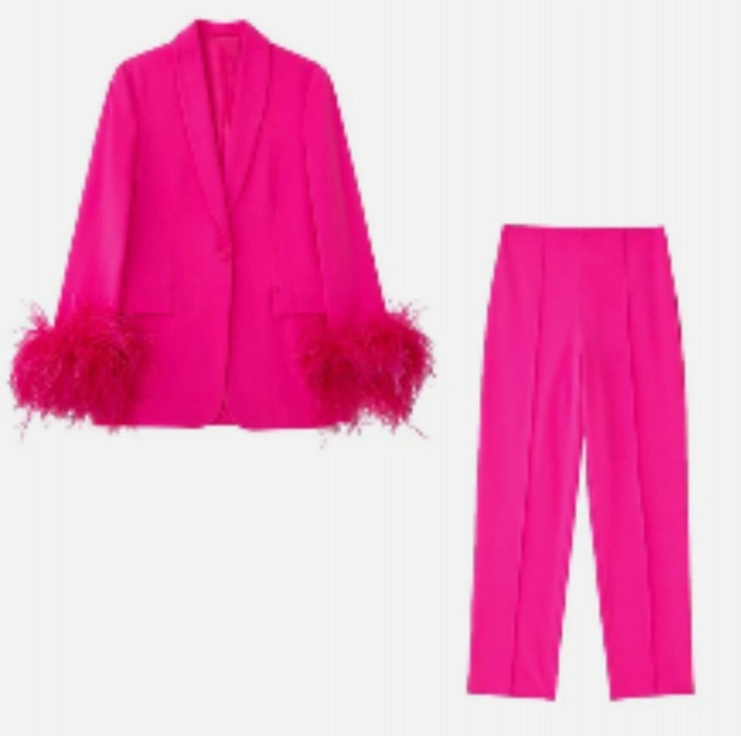 High quality ladies pink office suits long sleeve feather blazer and pant 2 piece set for women