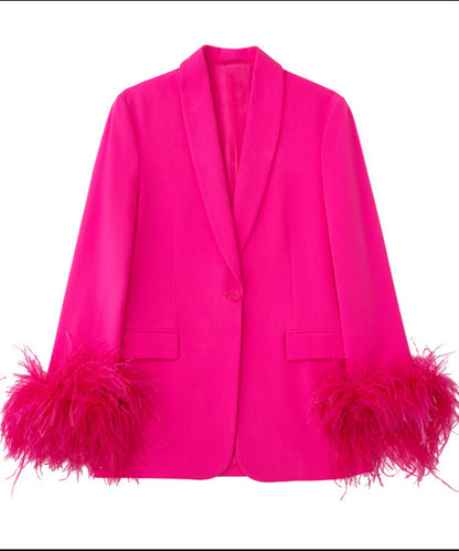 High quality ladies pink office suits long sleeve feather blazer and pant 2 piece set for women