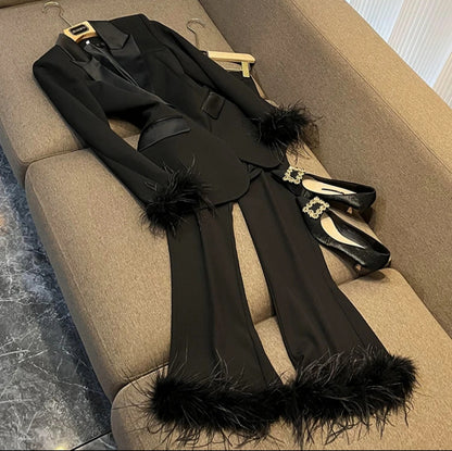 Black 2 piece women fashion one button blazer suit feather