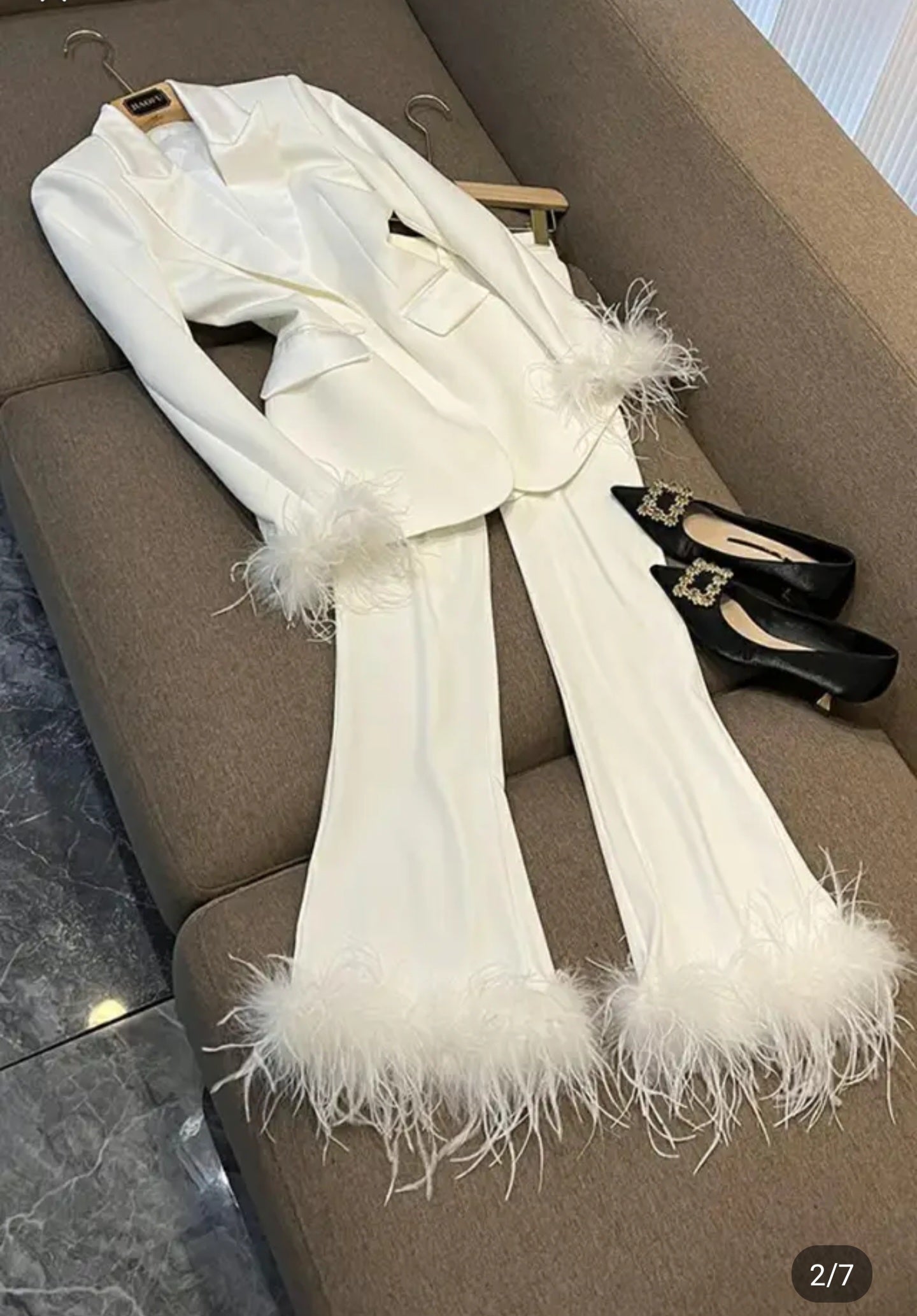 New women arrival  plus size silk satin blazer .lady classy feather straight trouser