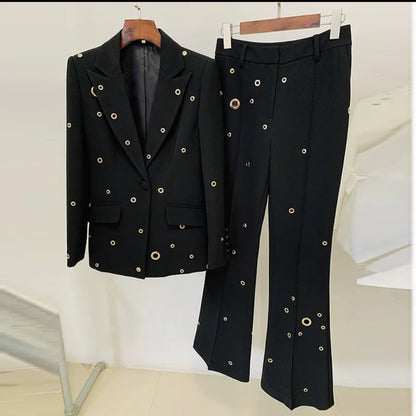 High quality white suit set with single button slim fit Rivet eyelet lapel women set Blazer