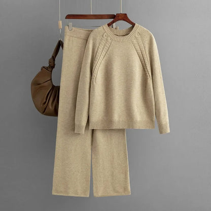 New European American Autumn Winter Casual Solid Knitted Set Women Loose Sweater Wide Leg Pants Two Piece Sets Womens Outifits