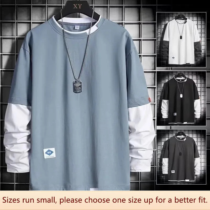 Loose Trendy Men T-shirt Long Sleeve Faux Two-piece Autumn Top Cotton