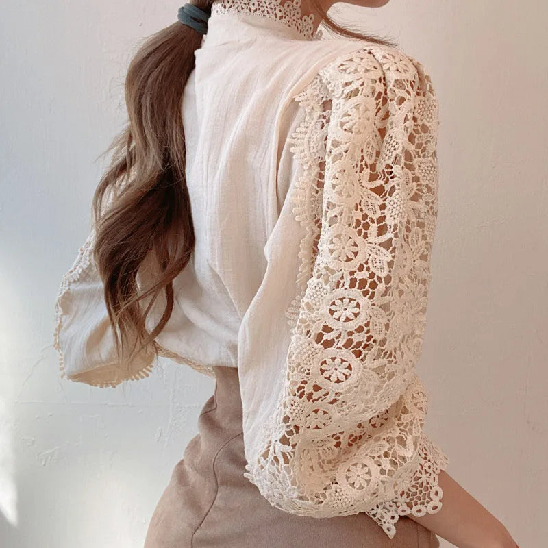 Elegant Embroidery Lace Women Blouse Flower Petal Sleeve Hollow Out