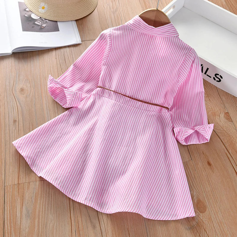 Kids Summer Single Breasted Shirt Dress Girls Casual Loose Pocket Striped Dress Fashion Chic Long Dresses Elegant Loose Belted