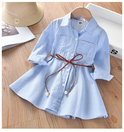 Kids Summer Single Breasted Shirt Dress Girls Casual Loose Pocket Striped Dress Fashion Chic Long Dresses Elegant Loose Belted