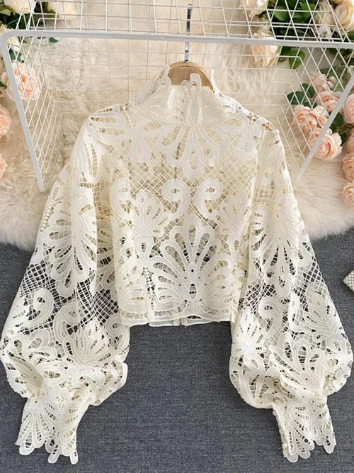 Spring Summer New Fashion Blouse Female Hollow Lantern Sleeve