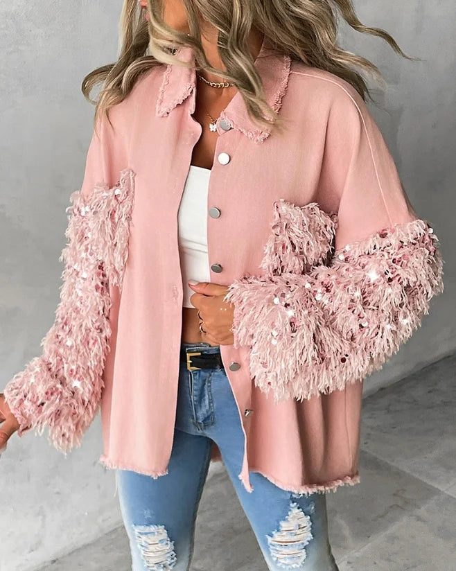 Women Jacket Autumn Fashion Contrast Sequin Tassel Design Fuzzy