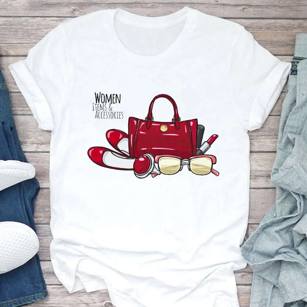 Women's T Shirt Summer Fashion Girl Bag Printed Ladies T-shirt Casual