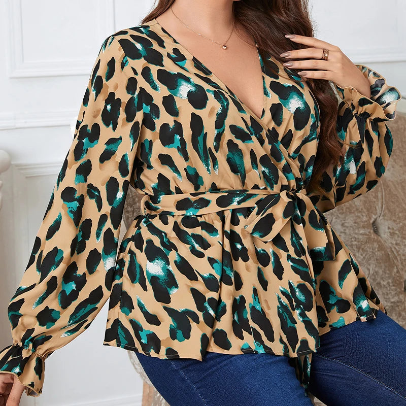 Della Mel  Plus Size Women Elegant Blouse Sexy V-Neck Leopard