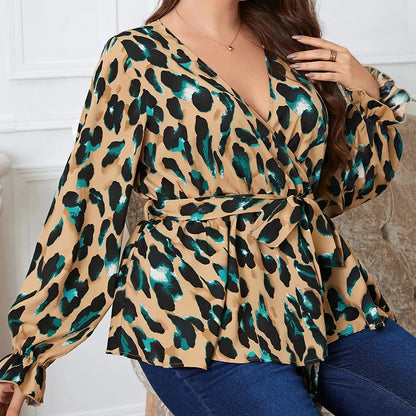 Della Mel  Plus Size Women Elegant Blouse Sexy V-Neck Leopard