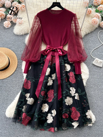 Senior Knitted Patchwork Dress Long Lantern Sleeves Bow Mesh