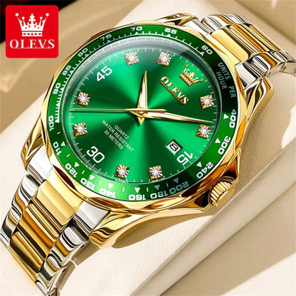 Golden Green Quartz Watch for Men Luxury Brand Diving Waterproof