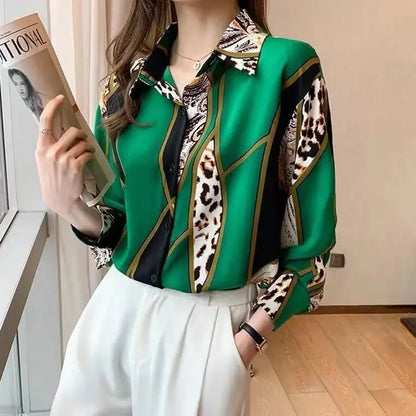 Spring New Leopard Patchwork Print Satin Shirt Women  Style