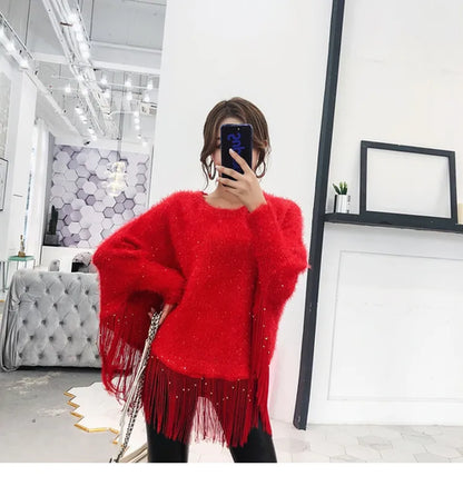 Winter Sequined Tassel Loose Cape Shawl Pullover Sweater