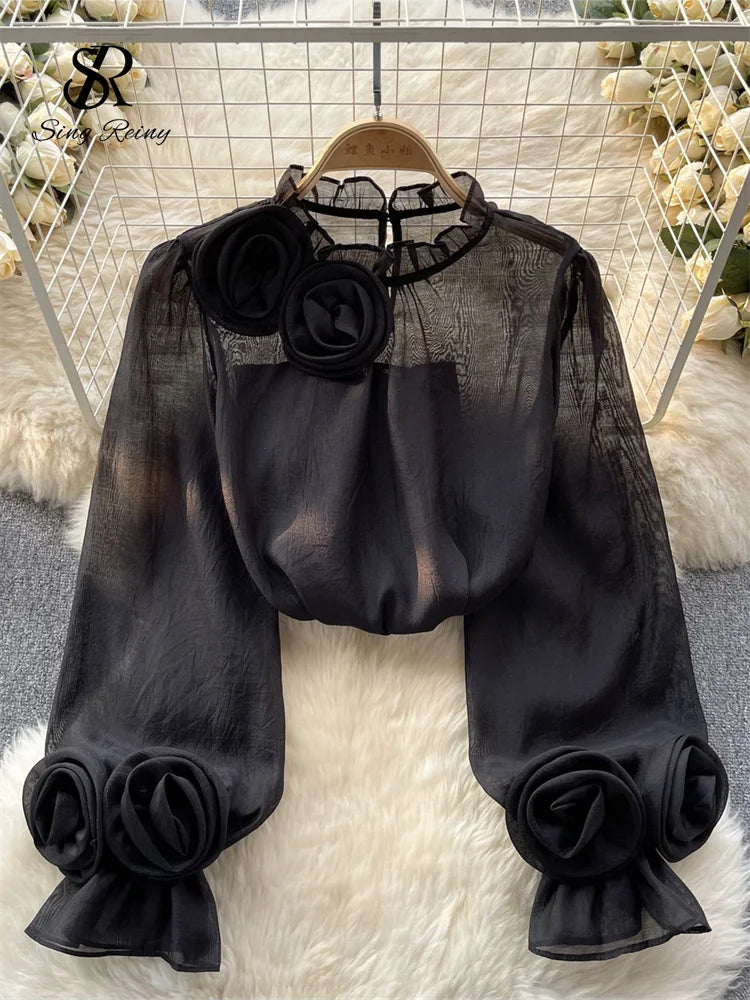 Ruffles Sweet Sheer Blouse O Neck Long Sleeves 3D Floral