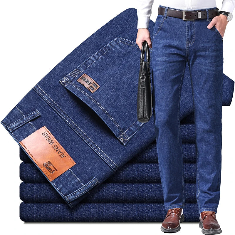 Men Denim Jeans Regular Fit Straight Stretch Business Casual Solid