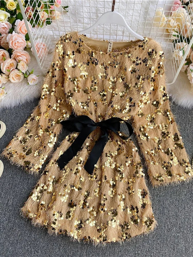 Women's Sequins Dress Winter Bow Belt Tassel Long Sleeve High Waist