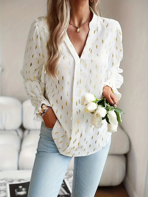 Plus Size  Women's Elegant Shirt Gold Plated Long Sleeved Top