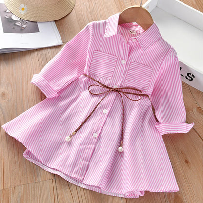 Kids Summer Single Breasted Shirt Dress Girls Casual Loose Pocket Striped Dress Fashion Chic Long Dresses Elegant Loose Belted