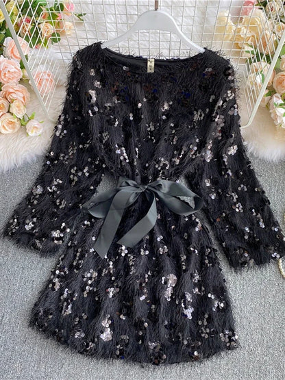 Women's Sequins Dress Winter Bow Belt Tassel Long Sleeve High Waist