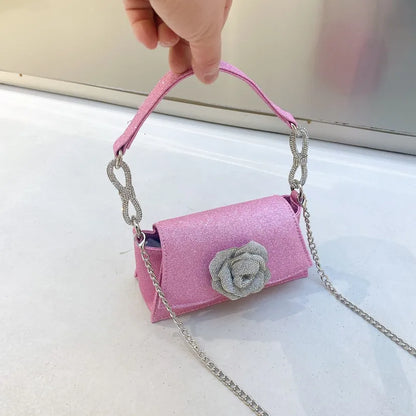 New and Refreshing Rhinestone Flower Chain Portable Shoulder Crossbody Small Square Bag