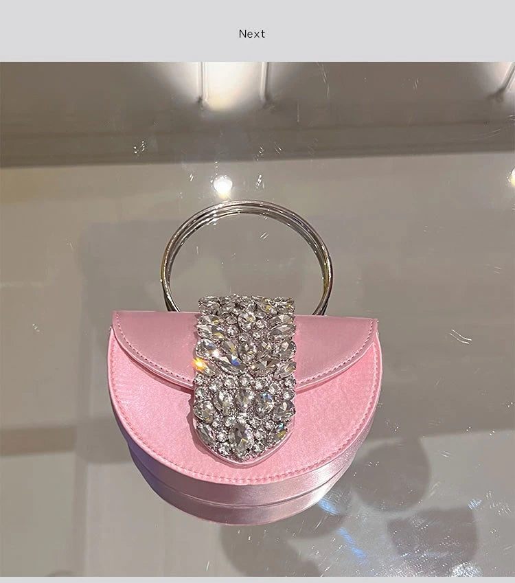 Women Glittering Crystal Satin Handbags Designer Luxury Diamond Pink Evening Diamonds Ring Clutch Purses Wedding Party Trendy