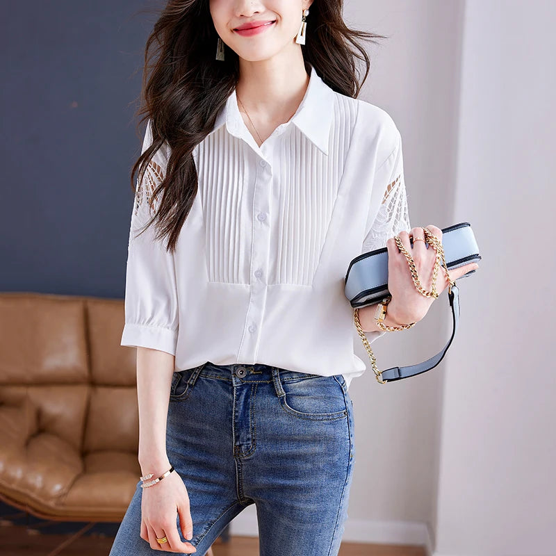 Spring Long-sleeved shirt Turndown collar Vintage Women