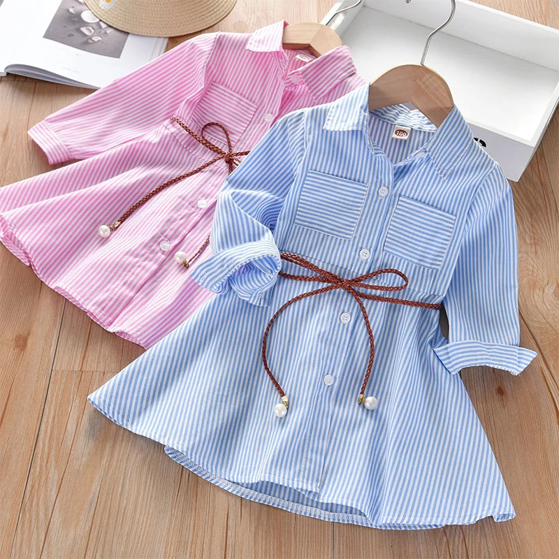 Kids Summer Single Breasted Shirt Dress Girls Casual Loose Pocket Striped Dress Fashion Chic Long Dresses Elegant Loose Belted